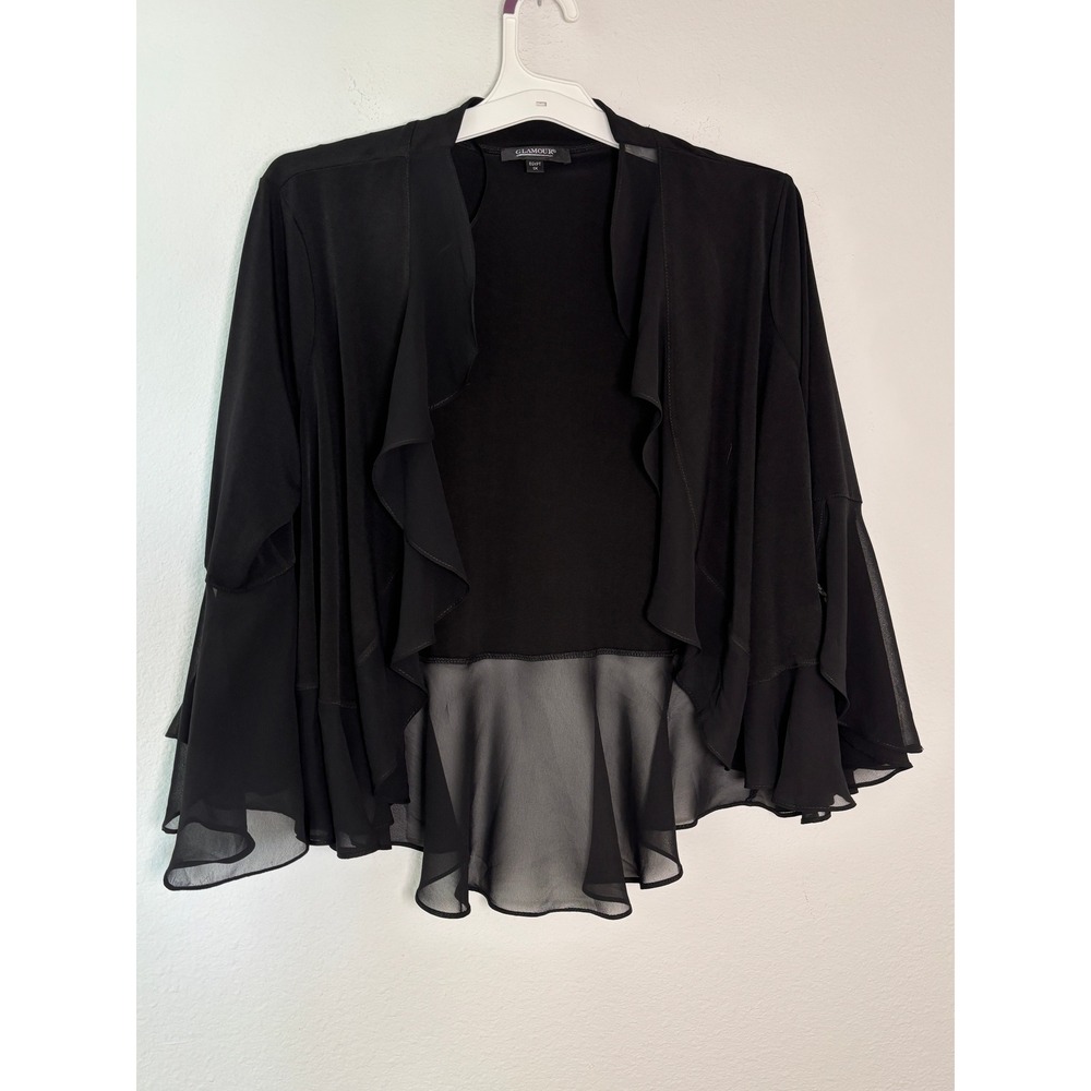 Glamour Black Ruffle Open Front Cardigan Sheer Chiffon Bell Sleeve Plus Size 1X